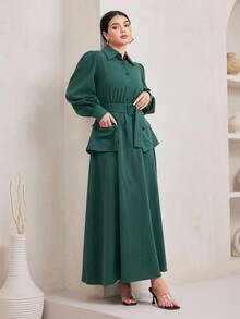 Veilorie Waist Sash Decor Shirt Collar Lantern Sleeve Long Sleeve Women's Long Dress - Green - View 7
