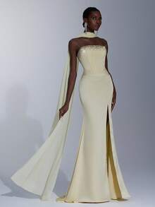 Elitara 优雅浅黄色露肩串珠美人鱼下摆侧开衩连衣裙（可拆卸吊带荷叶边），适合约会、单身派对、婚礼、正式活动、晚会礼服 - 淡黃色 - 查看 5