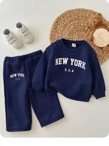 SHEIN 2 件套 Babygirl 宽松休闲字母印花长袖圆领运动衫和运动裤，适合户外和室内穿着 - 藏蓝色 - 查看 7