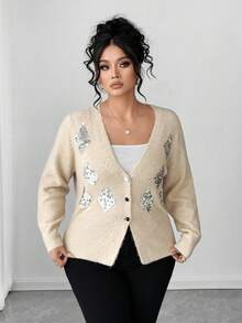 Elenzga Plus Size Fitted Sequin Elegant Sophisticated Cardigan Sweater - Apricot - View 5
