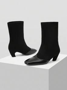 Mnmlis Women's New Side Zipper Square Toe Knee-High Boots - Black - View 8