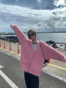 DAZY Women's Solid Color V-Neck Casual Long Sleeve Cardigan, Autumn/Winter School - Pink - View 12