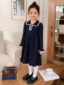 DAZY Gaun Rajut Kasual Anak Perempuan dengan Warna Kontras dan Hiasan Ruffle, Musim Gugur/Dingin - Navy Blue - View 7