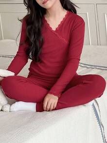 DAZY 青少年女孩纯色长袖上衣和裤子睡衣套装