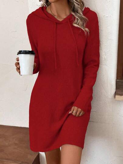 EMERY ROSE Casual Solid Color Hooded Long Sleeve Knit Sweater Dress For Women