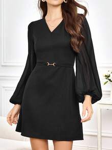 Miaspire Damen V-Ausschnitt Langarm Kleid mit Metallschnalle Taille, Chiffon Ärmel A-Linie elegantes Kleid für den Herbst