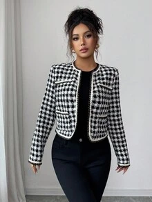 Elenzga Chaqueta de mujer de tela elegante y romántica para ir al trabajo - Blanco y Negro - Ver 4