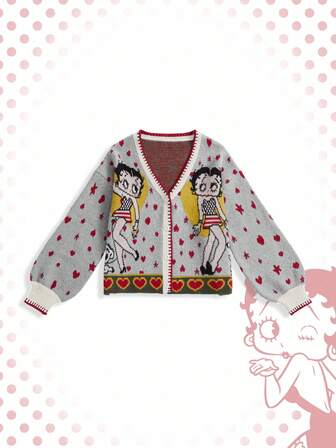 Betty Boop | ROMWE Women's Y2K Heart, Star & Figure Pattern Button Front Cardigan