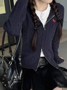 FRIFUL Cárdigan casual de ajuste ceñido con capucha, azul marino, con patrón de bordado en contraste, adecuado para el otoño - Azul Marino - Ver 6