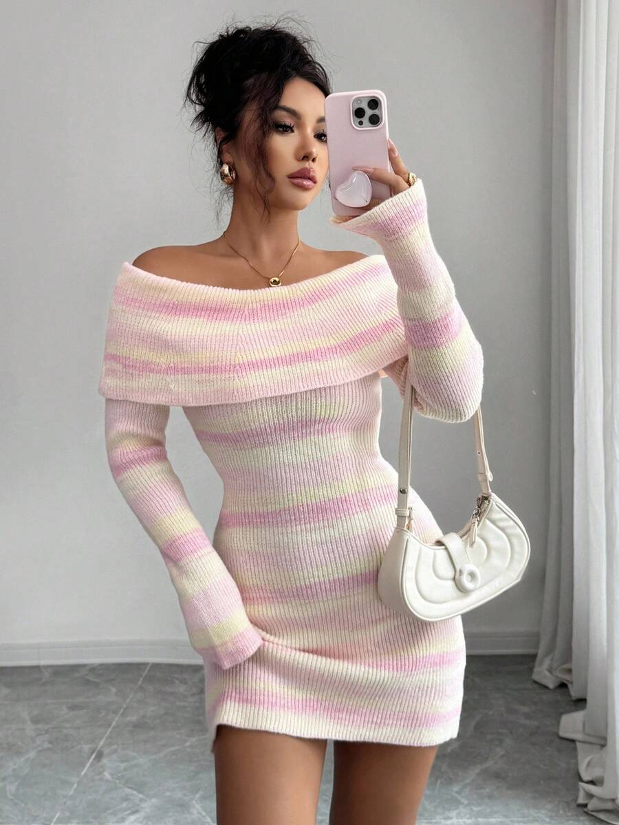 Elenzga Vestido de punto ajustado con hombros descubiertos y rayas de colores para mujer - Multicolor - Ver 1