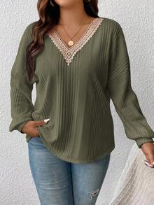 SHEIN Frenchy Áo thun cổ ren phối màu cỡ lớn, thường ngày, mùa thu - xanh quân đội - Xem 5