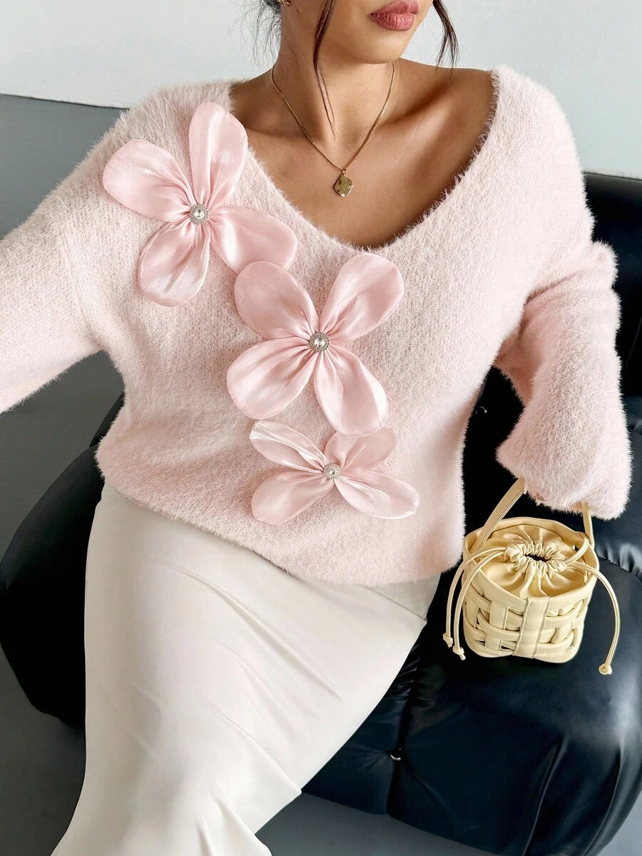 Firerie Maglione lavorato a maglia con maniche lunghe, scollo a V, comodo e morbido, decorato con fiori rosa, adatto per San Valentino, concerti, performance, appuntamenti, cene formali, gala, matrimoni, sexy, elegante, pendolarismo, ritorno a scuola, vacanze, spiaggia, romantico e grazioso, chic da ufficio, stile sirena, feste di compleanno in autunno/inverno - Rosa - Visualizzare 1