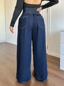 SHEIN Tall CURVE Plus Size Fall Autumn Winter Back To School Homecoming Halloween Christmas Streetwear Birthday Outfit Airport Outfit Business Casual Woman Country Vintage Modest Old Money Business Casual Woman Work Clothes Women Loose Fit Button Front Pocket Wide Leg Casual Jeans Fleece-Lined Blue Jeans Vintage Inspired High Rise Women Jeans In Wide Leg Design For Effortless Chic