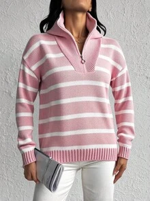 SHEIN Cottnline Women's Zippered Sweater Pullover - Dusty Pink - View 6