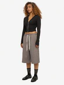 SUMWON WOMEN Cardigan negru, crop, cu mânecă lungă, cu fermoar și decolteu în V, model striat, toamnă-iarnă - Negru - Vizualizare 4