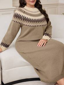 Modelyn 大码几何图案针织连衣裙，秋冬休闲装 - 薄荷綠 - 查看 7