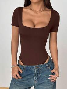 Fiercella Fiercella Women's Solid Color Slim Fit Minimalist Square Neck Short Sleeve Bodysuit, Versatile For Daily Commute - Brown - View 6