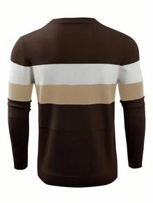 Manfinity Homme Áo len dài tay cổ tròn màu tương phản thường ngày cho nam, Thu/Đông - màu nâu - Xem 2