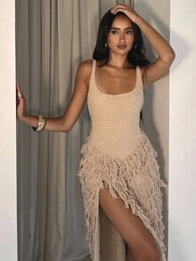Glamine 女士驼色针织侧开衩无袖蓬松流苏性感迷人连衣裙 - 駝色 - 查看 6