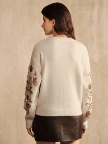 Anewsta Pulover supradimensionat, tricotat moale, cu broderie florală și mărgele, guler rotund, croială lejeră, potrivit pentru toamnă, iarnă, primăvară, Anul Nou, petrecere, nuntă, elegant, șic, stilat, casual, confortabil - cafea maro - Vizualizare 2