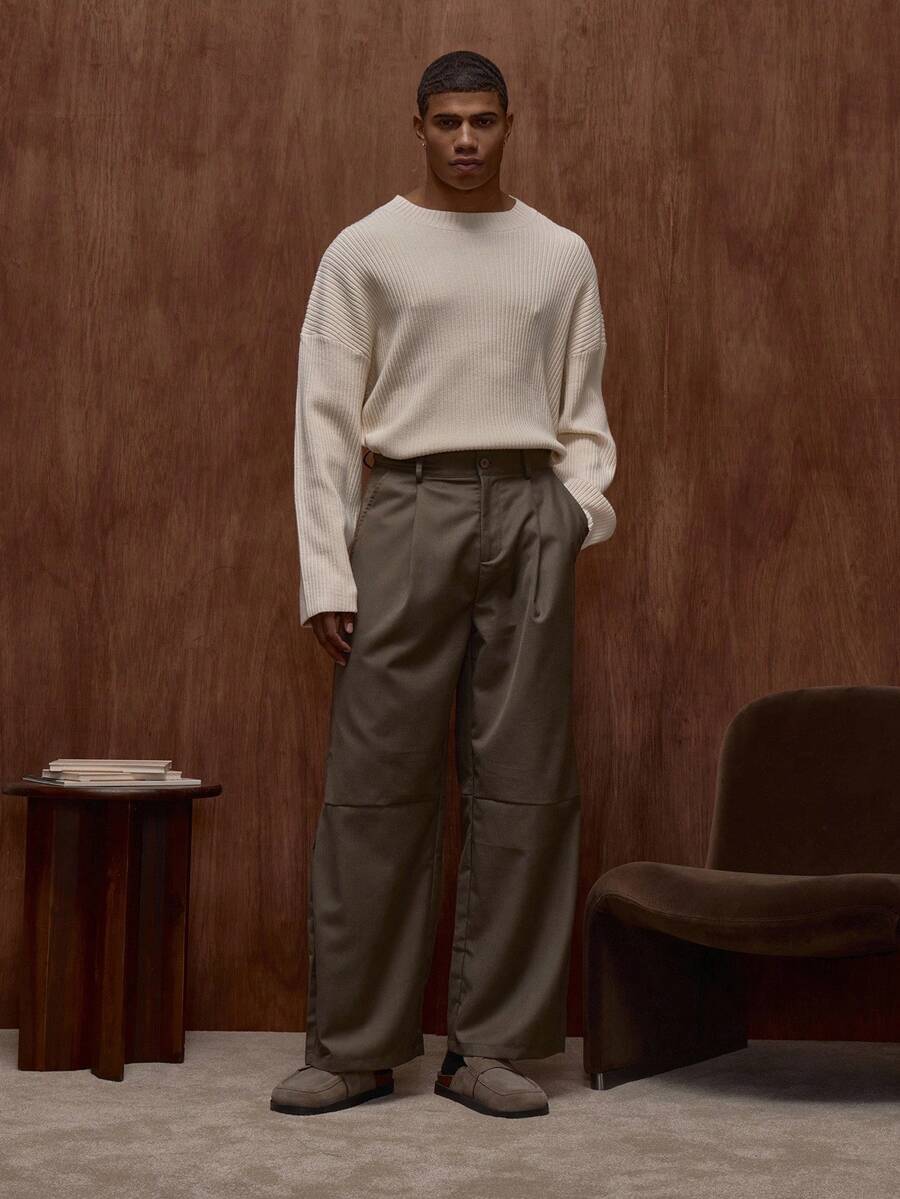 Musero 双褶高级修身长裤，纽扣门襟，腰带环设计，秋冬/春夏款 - 軍綠色 - 查看 1