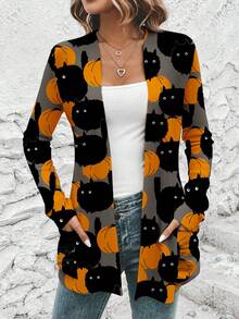 SHEIN LUNE 女士休闲万圣节南瓜黑猫图案薄外套宽松长袖开衫适合秋冬季 - 彩色 - 查看 3