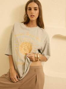 Aralina Crew Neck Oversized Regular Length Graphic Tee - Grey - View 7