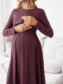 SHEIN Đầm cho con bú tay dài cổ tròn màu trơn thiết kế xoắn đơn giản cho bà bầu - Màu tím - Xem 6