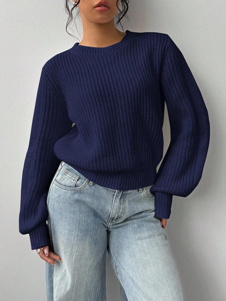 SHEIN BASICS 女士休闲纯色灯笼袖毛衣,秋冬 - 藏蓝色 - 查看 1