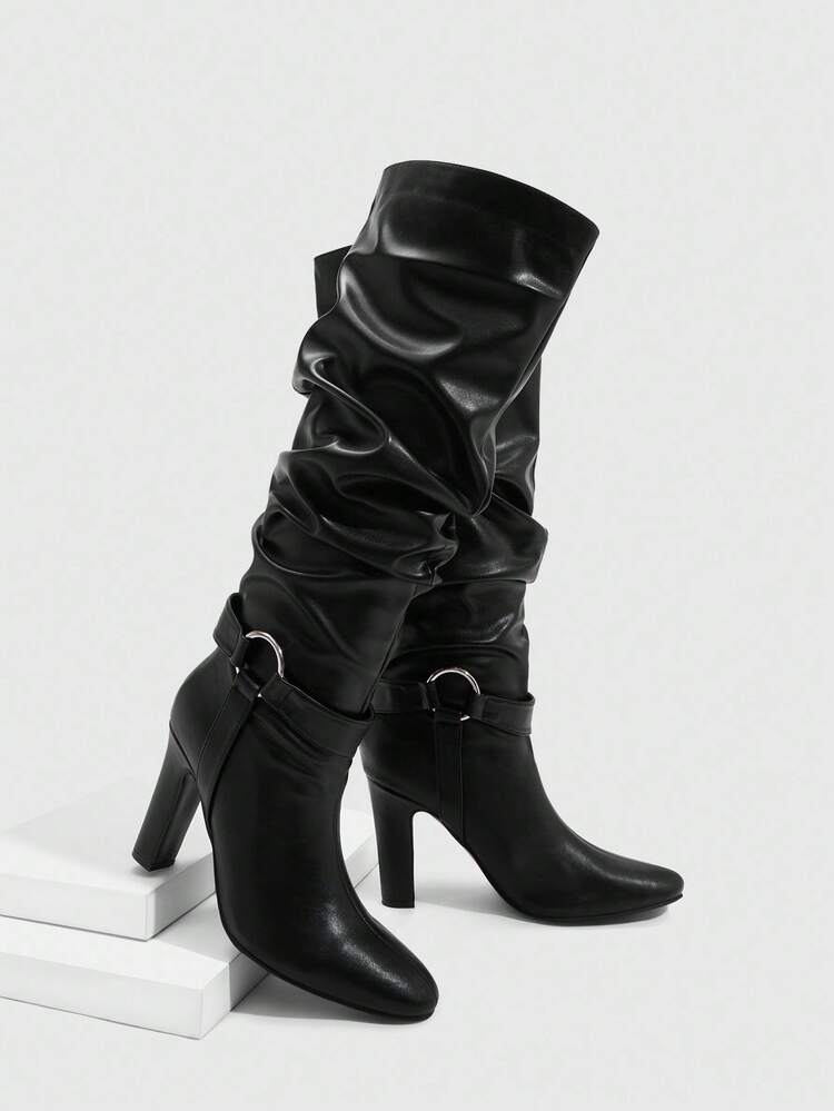 CUCCOO SZL Women's Fashion Black Chunky Heel Pleated Over-The-Knee Boots