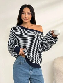 SHEIN PETITE Áo len trễ vai họa tiết sọc ấm áp cho mùa thu đông - Nhiều màu - Xem 5