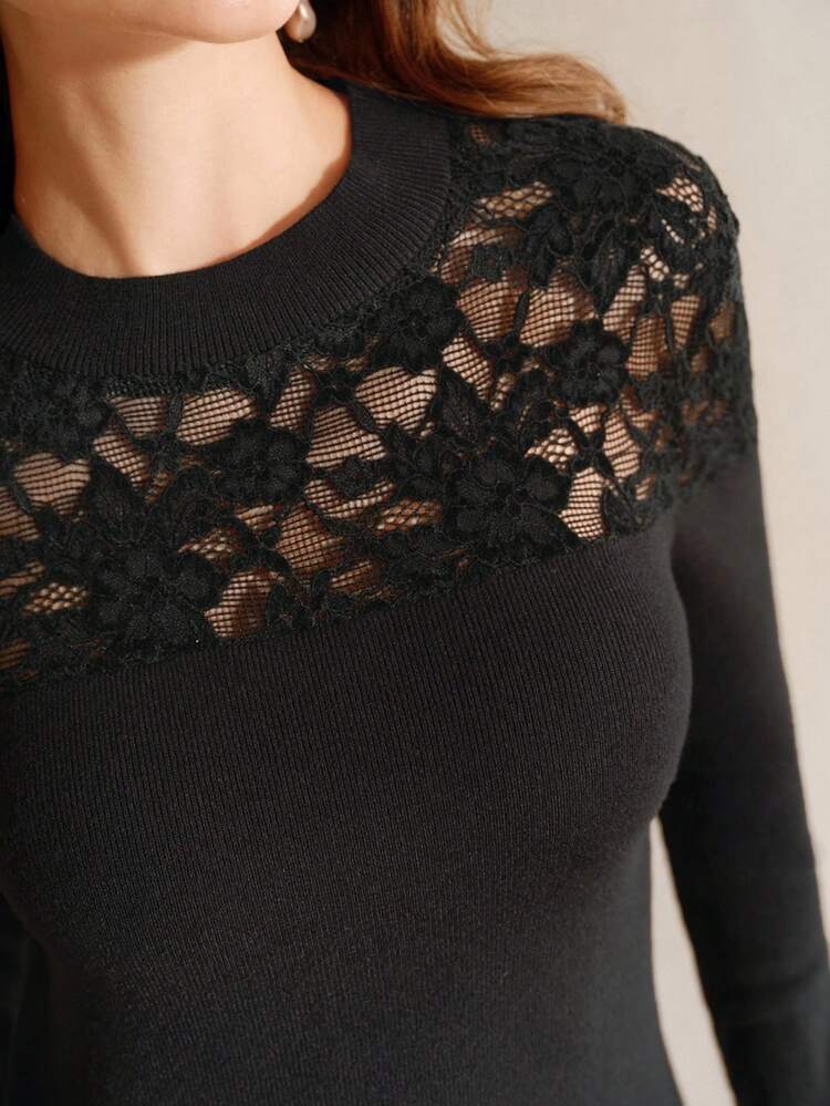 Black Elegant Slim Fit High Neck Lace Patchwork Hollow Out Women Sweater