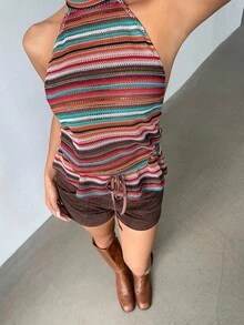 Aloruh Orange Red Striped Print Drawstring Waist Halter Top,Summer Boho Vacation Holiday Fall Clothes For Women Halloween Costumes Winter Clothes - Multicolor - View 1