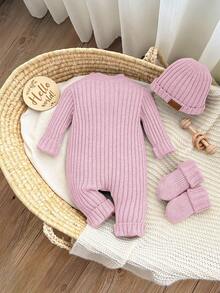 SHEIN Newborn Baby Girl Cute Knitted Jumpsuit With Footies And Hat Set, Versatile For Autumn/Winter Newborn Baby Photoshoot Outfit Newborn Sweater Romper Newborn Going Home Outfit Baby Knit Jumpsuit Newborn Knit Outfit Fall - Baby Pink - View 2