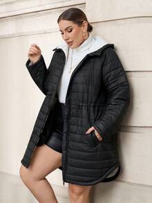 SHEIN Clasi Plus Size Women's Hooded Cinched Waist Thick Black Cotton Coat,Winter,Casual,Elegant,Hiking,Black And White,Autumn,,Work Wear,Office Attire - Black - View 4