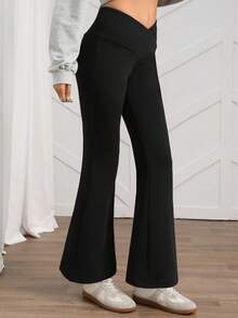 SHEIN LUNE Leggings ajustados con vuelo y forro térmico para mujer, cintura en V, color negro de moda - Negro - Ver 4