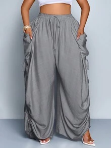 SOLERSUN 大码女式纯色休闲宽松口袋抽绳裤 - 灰色 - 查看 6