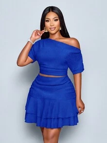 SOLERSUN 大码夏季服装 夏季服装 女式演唱会服装 狂欢服装 节日度假服装 商务休闲 女士沙滩装 女士度假服装 女士办公室服装 复古风 波西米亚风格 女士端庄优雅派对日间装 杏色针织不对称领口褶皱两件套 热带狂欢服装 节日音乐会服装 - 寶藍色 - 查看 6