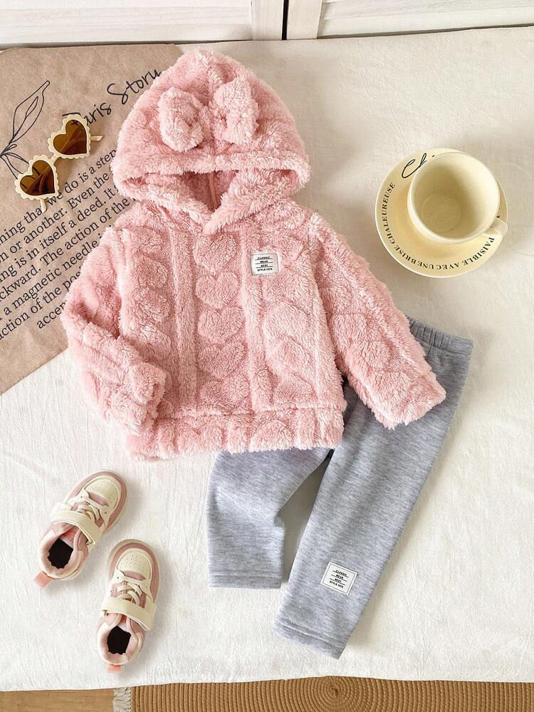 2 件套女婴秋冬蝴蝶结心形提花羊毛连帽衫和松紧腰羊毛裤，适合上学、休闲、度假、运动、居家、6 个月-3 岁、儿童套装、婴儿服装 - 粉色 - 查看 4