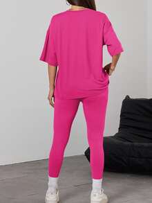Gameset SHEIN Sport 时尚字母印花圆领 T 恤和长裤运动服健身女士套装女式紧身裤套装健身套装 - 玫紅色 - 查看 2