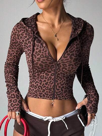 Slayform 1pc Women's Leopard Print Hooded Zipper Jacket For Running, Outdoor Exercise, Fitness Youngboy Never Broke Again Demon Slayr Leopard Print Top Cropped Gym Top Zip Up Top Long Sleeve Zip Up Top