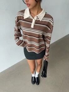 SHEIN X Scot Louie Aloruh Áo nỉ polo kẻ sọc thu/đông nữ, 2 trong 1, phong cách Y2K cổ điển, thường ngày, phong cách sinh viên - Nhiều màu - Xem 6