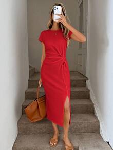 Easowa 1. 优雅腰部扭纹高开衩无袖中长连衣裙，休闲杏色纹理紧身连衣裙，女士生日装，女士健身套装，女士婚礼宾客礼服，女士办公室服装，白色毕业礼服 - 紅色 - 查看 6