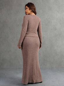 Elaquor Plus Size Women Solid Color Criss-Cross Wrap Long Sleeve Knit 2 Pieces Set - Camel - View 2
