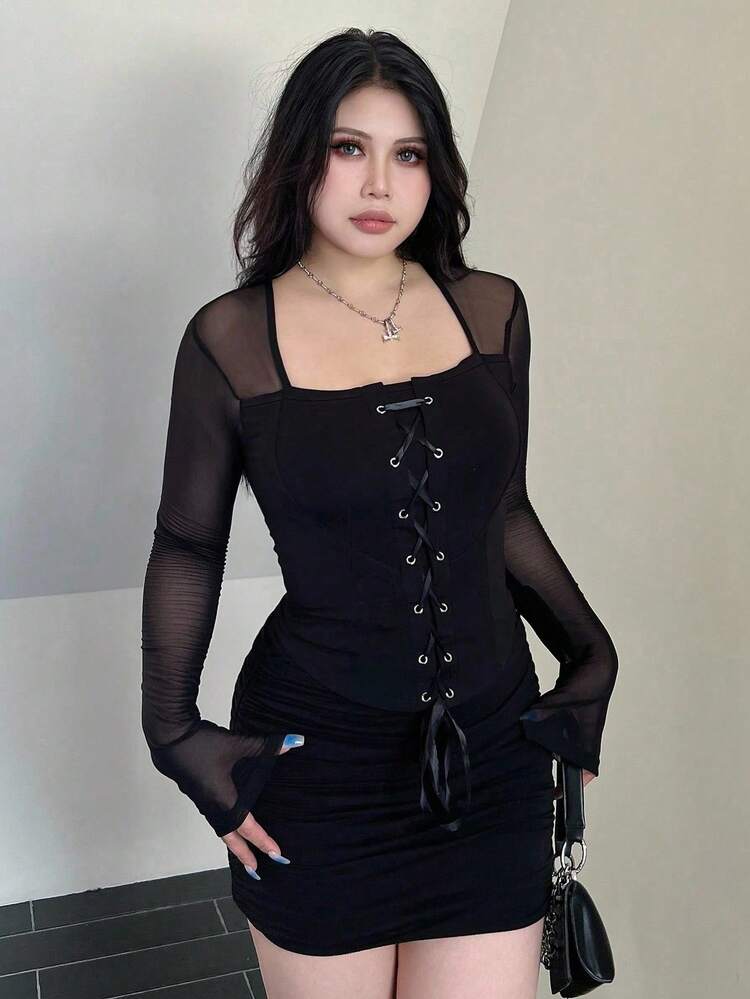 Solid Color Splice Mesh Long Sleeve Tie-Up Collar Asymmetrical Hemline Sexy Fitted Black T-Shirt