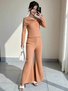 SHEIN Bộ 2 áo len dệt kim đính nơ trang trí trang nhã cho bé gái và quần dài đơn giản, trang phục thường ngày, phù hợp cho mùa xuân/thu - Màu be - Xem 3