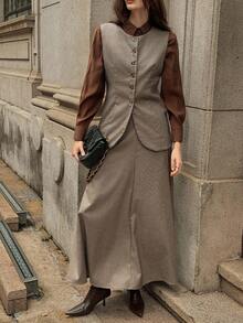 DAZY 2件套女士千鸟格无袖夹克和A字裙休闲套装，秋冬 - 棕色 - 查看 7