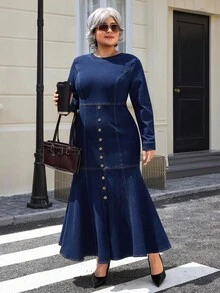 EMERY ROSE 大码休闲街头风格女式束腰长袖牛仔连衣裙 - 深色水洗藍 - 查看 6