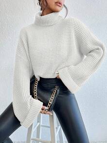 SHEIN 女士纯色高领落肩长袖休闲宽松套头衫，秋冬 - 白色 - 查看 6