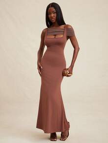 NYA SZN Chocolate Brown Elegant Dinner Date Summer Dress,Short Sleeve Asymmetrical Fitted Bodycon Flare Skirt Maxi Length Mesh Wedding Birthday Outfits Women - Brown - View 4